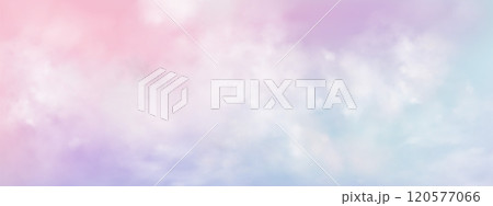 Panoramic abstract pink blue sky background. Skyscape with fluffy clouds. Gradient fantasy paradise background. 120577066
