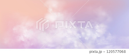 Panoramic abstract pink blue sky background. Skyscape with fluffy clouds. Gradient fantasy paradise background. 120577068