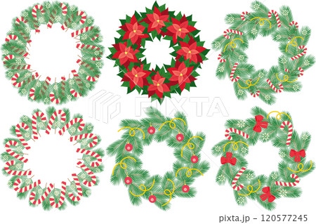 Christmas or New Year decorated evergreen twig and Poinsettia wreaths. Circle frames Set 6 Template 120577245