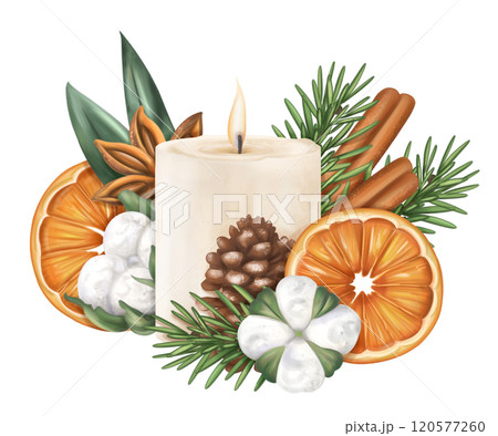 A candle with oranges, fir, cotton, cinnamon in winter composition. Handmade eco-friendly decor of natural materials for a sustainable Christmas. For holiday cards, design. Isolated illustration 120577260