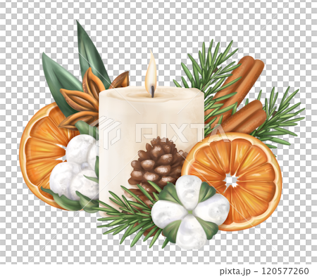 A candle with oranges, fir, cotton, cinnamon in winter composition. Handmade eco-friendly decor of natural materials for a sustainable Christmas. For holiday cards, design. Isolated illustration 120577260
