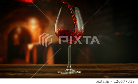 Close-up of red wine pouring into glass in wine cellar , freeze motion. 120577318