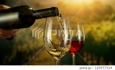 Close-up of white wine pouring into glass on vineyards , freeze motion Close-up of white wine pouring into glass on vineyards , freeze motion 120577324