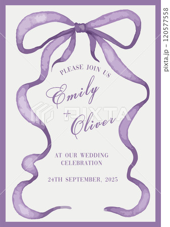 Trendy Coquette ribbon bow Watercolor wedding invitation card template. Trendy Coquette ribbon bow Watercolor wedding invitation card template. 120577558