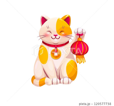 Cartoon Japanese Maneki Neko lucky cat smiling with raised paw holding a red festive lantern. Isolated vector cat features red bib with a gold coin medallion, and a welcoming, cheerful expression 120577738