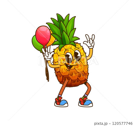 Cartoon groovy pineapple fruit character on party. Vector tropical fruit personage full of energy, giving rocker hand sign, holding balloons and wearing funky sneakers during festive event celebration Cartoon groovy pineapple fruit character on party. Vector tropical fruit personage full of energy, giving rocker hand sign, holding balloons and wearing funky sneakers during festive event celebration 120577746