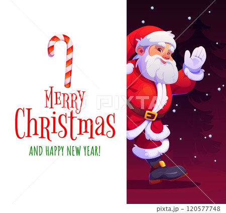 Christmas Santa character with holiday banner and greetings, vector background. Santa cartoon character waving hand with candy cane and greeting poster for Merry Christmas and Happy New Year 120577748