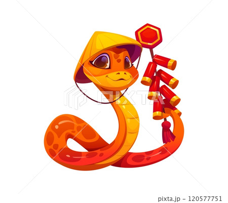 Cartoon snake character wearing traditional Chinese attire and conical hat, holding a string of red firecrackers, symbolizing celebration of the New Lunar Year 2025 with festive spirit, energy and fun Cartoon snake character wearing traditional Chinese attire and conical hat, holding a string of red firecrackers, symbolizing celebration of the New Lunar Year 2025 with festive spirit, energy and fun 120577751