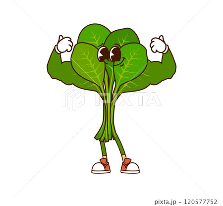 Cartoon groovy vegetable character flexing its muscles on fitness sport. Isolated vector green fresh veggie sportsman retro farm bodybuilder personage demonstrate power, strength and healthy lifestyle 120577752