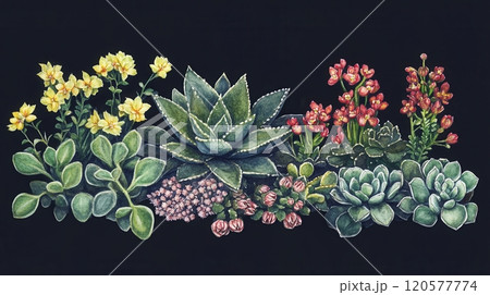 Detailed botanical watercolor showcasing succulents on dark background 120577774
