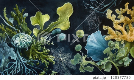 Detailed botanical drawing showcasing various algae on dark background Detailed botanical drawing showcasing various algae on dark background 120577789
