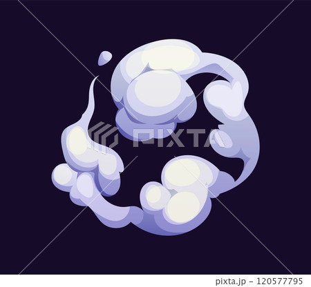 Cartoon white smoke cloud drifts gently through the air, its ethereal tendrils swirling and dancing with a ghostly grace. Isolated vector transient mist envelops surroundings in soft, mysterious veil Cartoon white smoke cloud drifts gently through the air, its ethereal tendrils swirling and dancing with a ghostly grace. Isolated vector transient mist envelops surroundings in soft, mysterious veil 120577795