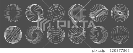 Line round spiral shapes, concentric geometric wave swirl. Vector set of abstract vortex circles, dynamic circular ripples, thin radial bursts, curve whirlwind sonars. White whirlwind looping patterns Line round spiral shapes, concentric geometric wave swirl. Vector set of abstract vortex circles, dynamic circular ripples, thin radial bursts, curve whirlwind sonars. White whirlwind looping patterns 120577862