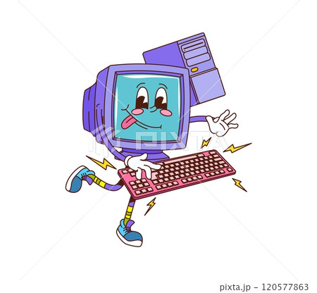 Retro groovy computer monitor character typing on keyboard. Cartoon vector vintage pc personage capturing nostalgic vibe of vintage electronics with blue screen, old school sneakers and quirky face Retro groovy computer monitor character typing on keyboard. Cartoon vector vintage pc personage capturing nostalgic vibe of vintage electronics with blue screen, old school sneakers and quirky face 120577863