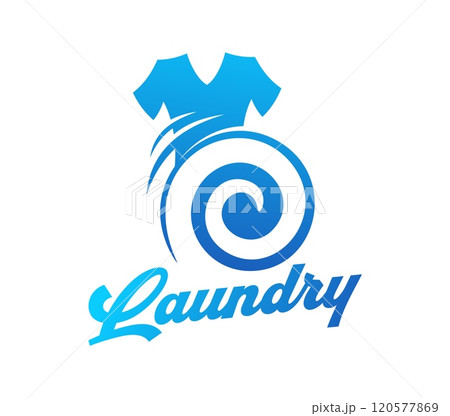 Laundry icon, wash service emblem with a swirl and shirt motif in blue color scheme, symbolizing cleaning and wash services. Isolated vector emblem for branding laundromats or cleaning businesses Laundry icon, wash service emblem with a swirl and shirt motif in blue color scheme, symbolizing cleaning and wash services. Isolated vector emblem for branding laundromats or cleaning businesses 120577869