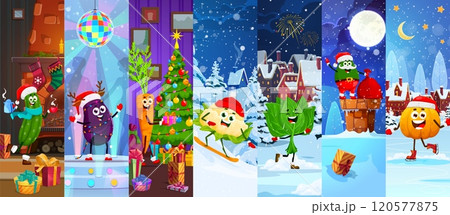 Cartoon vegetable characters on winter Christmas holiday vector collage. Joyful veggies cucumber, eggplant, carrot, cauliflower cabbage, spinach, avocado and pumpkin engage in festive Xmas activities 120577875