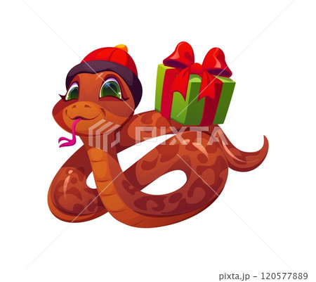 Cartoon snake character wearing a winter hat and carrying a gift box with a red bow on its back for the 2025 Lunar Year celebration. Vector cheerful and friendly reptile snake sticking out its tongue 120577889
