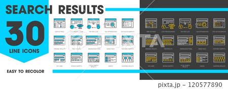 SERP line icons, search engine result page. Cost per millennium, SEO optimization, text autocomplete and knowledge panel. Image pack, featured or review snippets, site links, paid or organic results 120577890