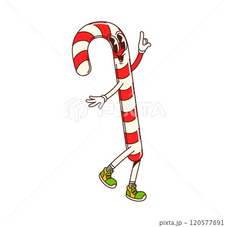 Groovy cartoon Christmas candy cane character for winter holiday, vector comic emoji. Groovy funky candy cane with smiling face in hipster shoes for Christmas or New Year sweet retro cartoon character 120577891