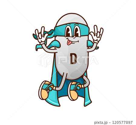 Cartoon groovy vitamin D superhero character. Vector ergocalciferol micronutrient defender, comics book retro personage in cape and mask. Pill or capsule supplement, fantasy powerful super hero bubble Cartoon groovy vitamin D superhero character. Vector ergocalciferol micronutrient defender, comics book retro personage in cape and mask. Pill or capsule supplement, fantasy powerful super hero bubble 120577897