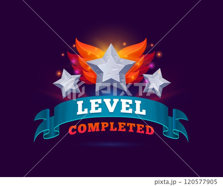 Level complete game asset icon, level up badge, ui popup user interface element with stone stars, fiery wings and blue banner. Vector gui mobile or web app reward for successful challenge completion 120577905