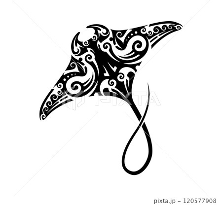 Maori tribal manta ray tattoo with intricate swirling patterns and bold lines. Isolated vector stunning black ink stingray shape reflects grace and power, cultural and marine symbolism of sea creature 120577908