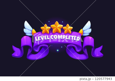 Game asset featuring a level completed badge icon with a purple ribbon, three golden stars, and wings. Cartoon vector banner for enhancing gaming interfaces and victory screens, conveying achievement Game asset featuring a level completed badge icon with a purple ribbon, three golden stars, and wings. Cartoon vector banner for enhancing gaming interfaces and victory screens, conveying achievement 120577943