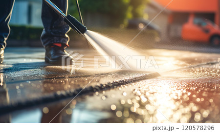 道路を洗う高圧洗浄機 120578296