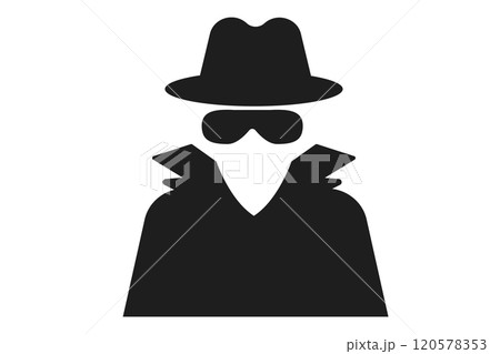 Incognito icon, mystery secret spy or detective silhouette, figure with hat glass or mask. Anonymous invisible character figure. Incognito icon, mystery secret spy or detective silhouette, figure with hat glass or mask. Anonymous invisible character figure. 120578353