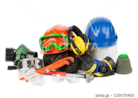 Still life with working tools and protective equipment. Still life with working tools and protective equipment. 120578485