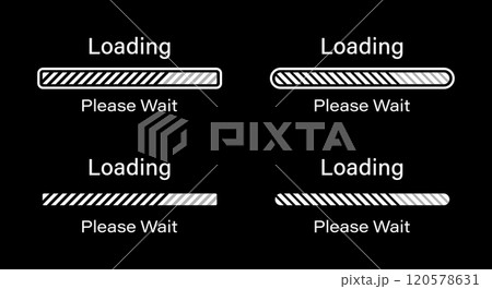 Tilted lines loading please wait symbol set in black color. Set of slant lines loading infographics in four different styles- Bar, Rectangular bar, Rounded bar, Rounded rectangular bar for dark mode. Tilted lines loading please wait symbol set in black color. Set of slant lines loading infographics in four different styles- Bar, Rectangular bar, Rounded bar, Rounded rectangular bar for dark mode. 120578631