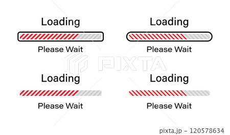 Tilted lines loading please wait symbol set in red color. Set of slant lines loading infographics in four different styles- Bar, Rectangular bar, Rounded bar, Rounded rectangular bar for light mode. 120578634