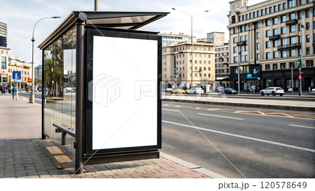 Mock-up of vertical blank billboard at bus stop on city street.  120578649