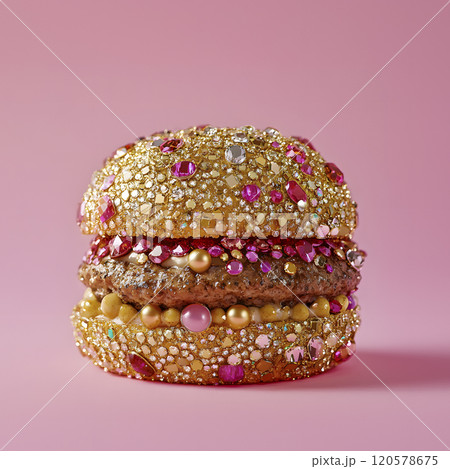 burger deluxe on a pink background, generative AI 120578675