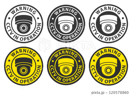 CCTV security camera circle sign icon set. Security cameras in use symbol collection. Fixed CCTV camera logo sign. Vector illustration image. Isolated on white background.	 120578860