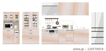 木目調システムキッチンベクターイラストセット 台所 料理 調理 モデルルーム 食器棚 コンロ 食洗器 120578919