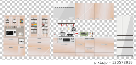 Wood grain system kitchen vector illustration set Kitchen Cooking Cooking Model room Cupboard Stove Dishwasher 120578919