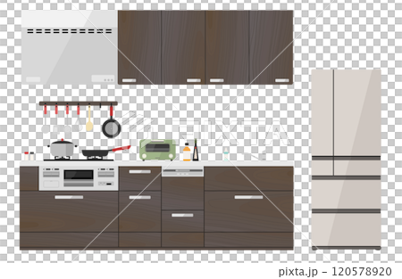 Wood grain system kitchen vector illustration set Kitchen Cooking Cooking Model room Stove Dishwasher Refrigerator 120578920