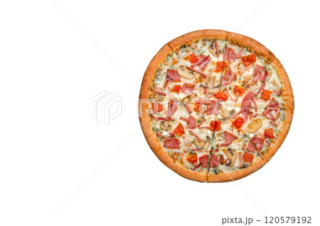 Delicious pizza with mushrooms and ham Delicious pizza with mushrooms and ham 120579192