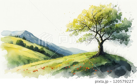 Vibrant landscape with a solitary tree in a serene setting under gentle sunlight 120579227