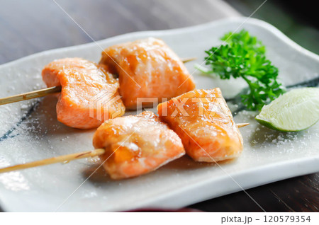 salmon satay or grilled salmon , roasted salmon 120579354