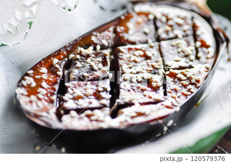 grilled eggplant, grilled purple eggplant or grilled long eggplant with sesame grilled eggplant, grilled purple eggplant or grilled long eggplant with sesame 120579376