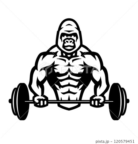 A bodybuilder with a gorilla head holds a barbell. 120579451