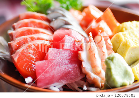 sashimi or raw salmon , Akami and raw tuna or raw mackerel and kanikamaand wasabi or raw fish sashimi or raw salmon , Akami and raw tuna or raw mackerel and kanikamaand wasabi or raw fish 120579503