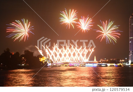 celebration fireworks and lighting at Phra Phuttha Yodfa memorial bridge Cho Phraya river in Thailand celebration fireworks and lighting at Phra Phuttha Yodfa memorial bridge Cho Phraya river in Thailand 120579534
