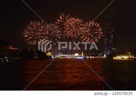 celebration fireworks and lighting at Phra Phuttha Yodfa memorial bridge Cho Phraya river in Thailand celebration fireworks and lighting at Phra Phuttha Yodfa memorial bridge Cho Phraya river in Thailand 120579535