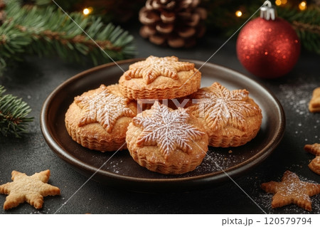 Traditional Christmas mince pies on a plate exude warmth and nostalgia, perfect for festive gatherings and celebrations 120579794