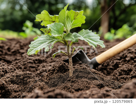 A freshly planted sapling in rich soil with a gardening tool 120579865