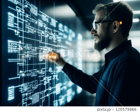 A man in a futuristic control room interacts with a glowing digital interface A man in a futuristic control room interacts with a glowing digital interface 120579866