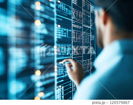 A person in a futuristic environment interacts with high-tech data panels A person in a futuristic environment interacts with high-tech data panels 120579867